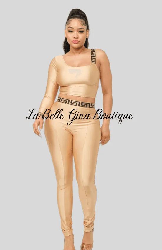 Sandy One Sleeve Band Trim Top And Leggins Set-White