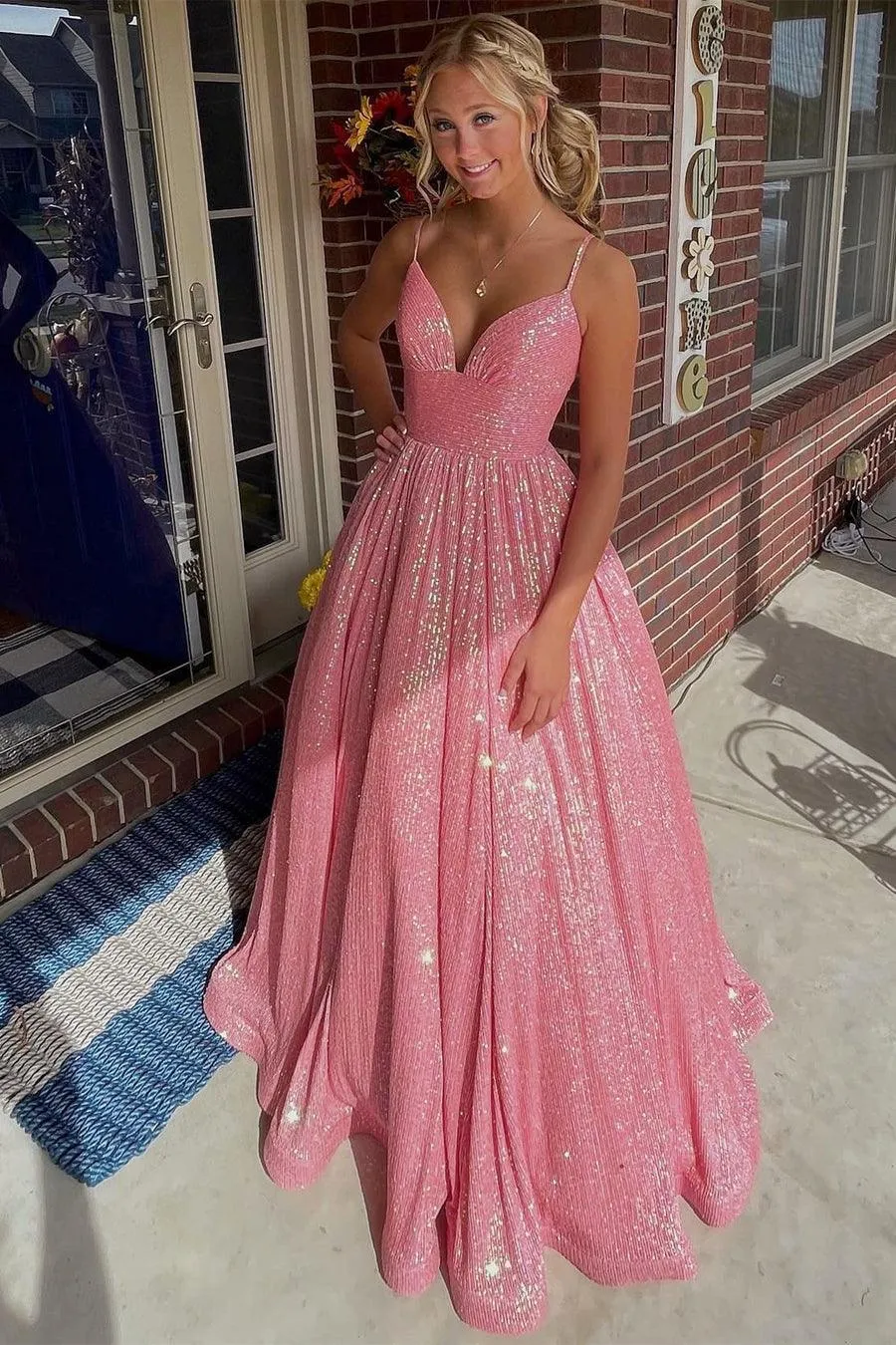 Shimmering Sequin Lace Straps Neckline A-Line Prom Dress With Pockets TP1176