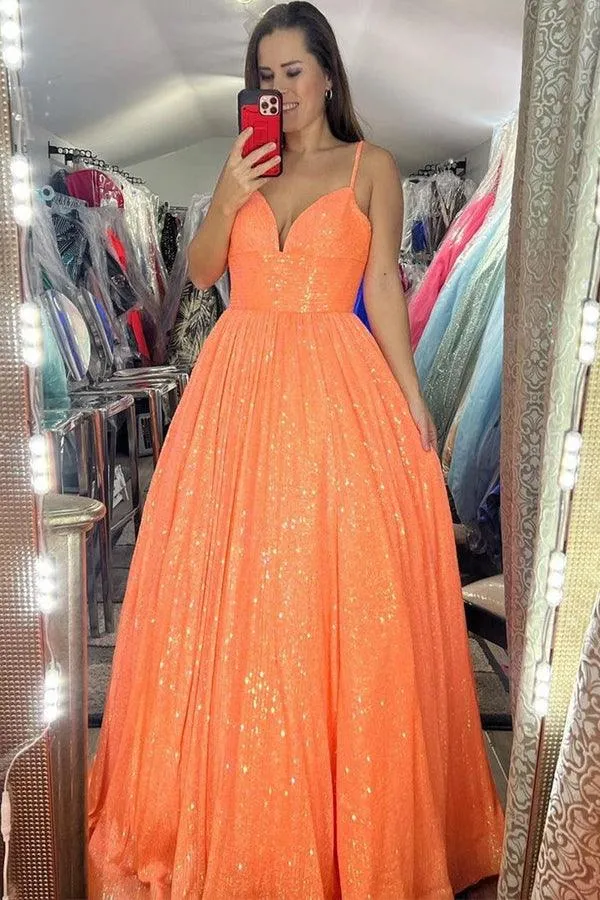 Shimmering Sequin Lace Straps Neckline A-Line Prom Dress With Pockets TP1176