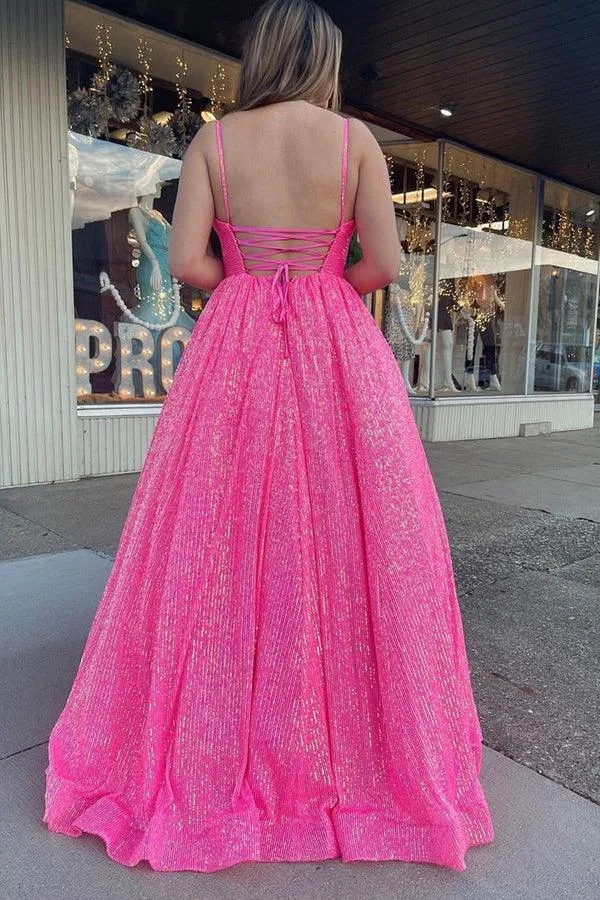 Shimmering Sequin Lace Straps Neckline A-Line Prom Dress With Pockets TP1176