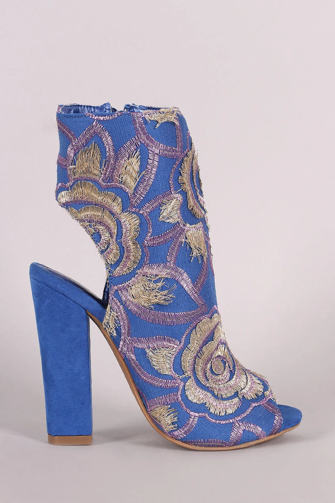 Shoe Republic LA Floral Embroidery Peep Toe Chunky Heeled Booties