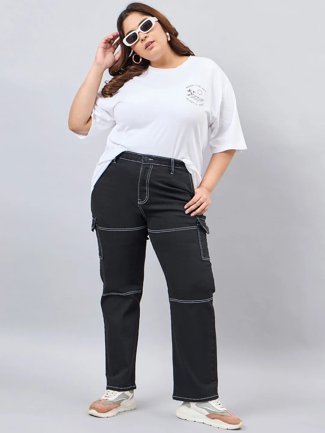 Style Quotient Women Plus Size Black Relaxed Fit High Rise Stretchable Cargos