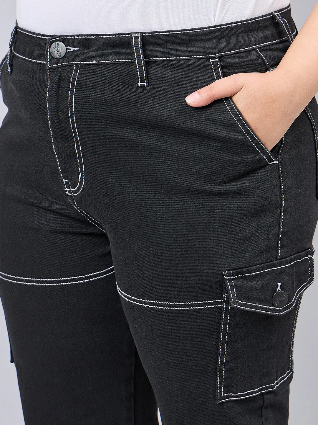 Style Quotient Women Plus Size Black Relaxed Fit High Rise Stretchable Cargos