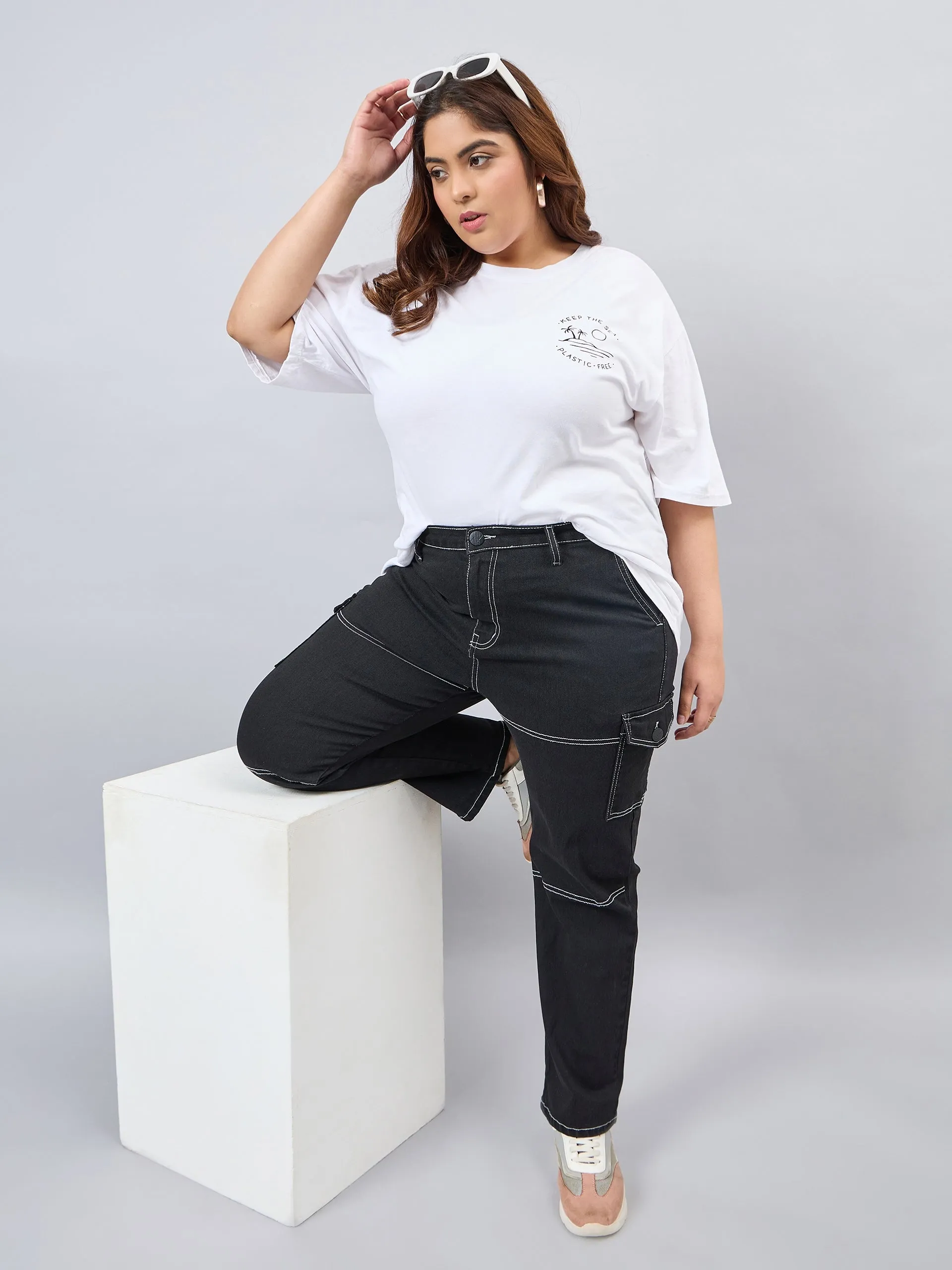 Style Quotient Women Plus Size Black Relaxed Fit High Rise Stretchable Cargos