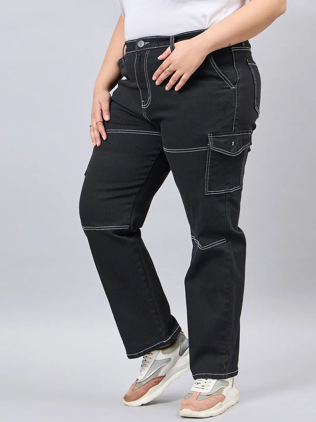 Style Quotient Women Plus Size Black Relaxed Fit High Rise Stretchable Cargos