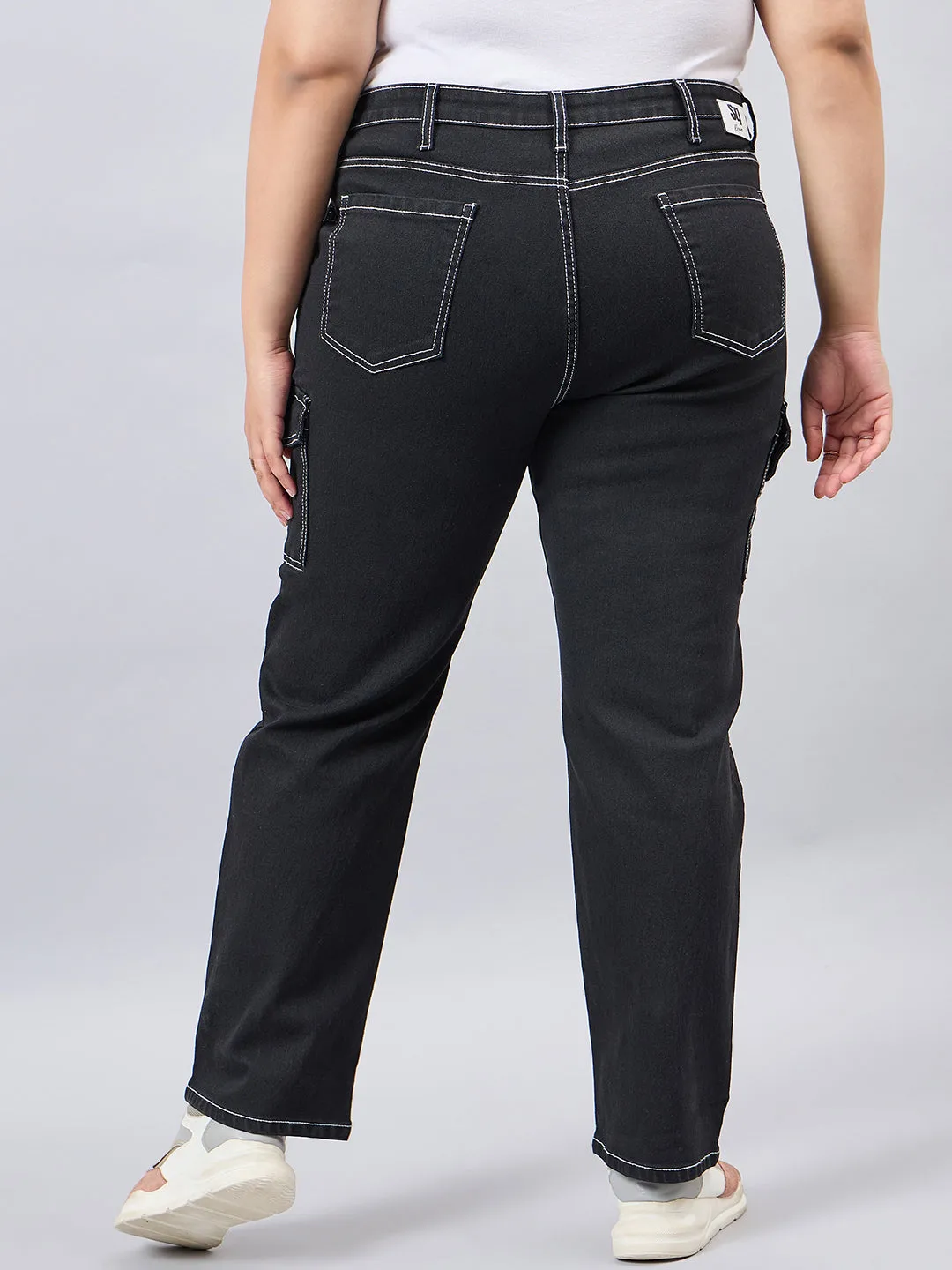 Style Quotient Women Plus Size Black Relaxed Fit High Rise Stretchable Cargos