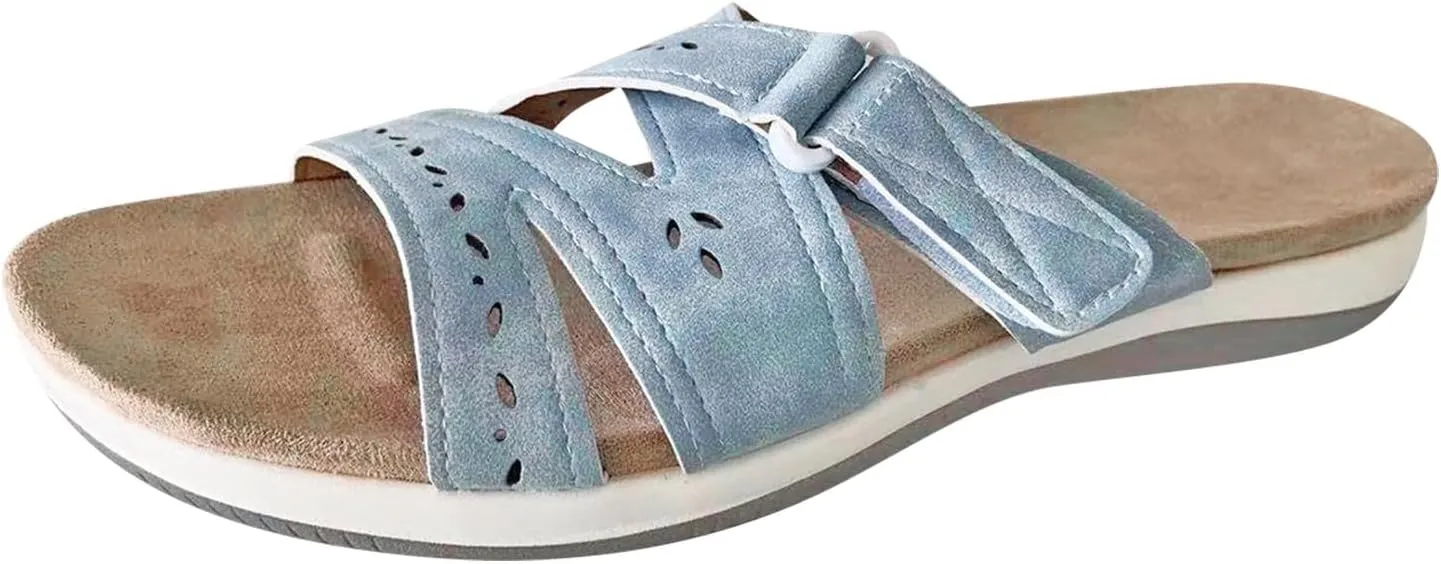 SuanlaTDS Orthopedic Sandals for Women 2025 Summer Dressy Platform Slip-on Slides Crisscross Adjustable Open Toe Arch Support Thick Sole Low Wedges Slippers Beach Comfortable Outdoor Shoes