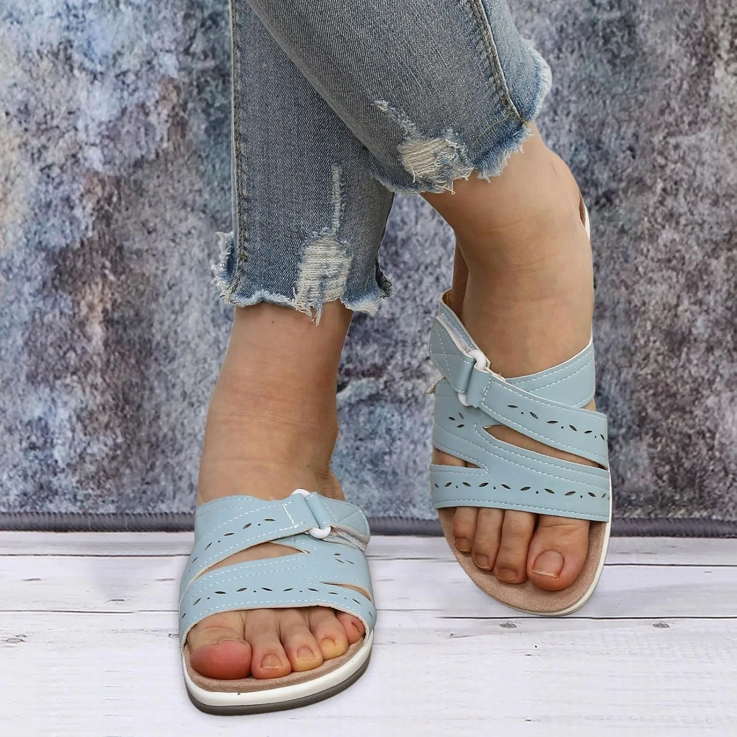 SuanlaTDS Orthopedic Sandals for Women 2025 Summer Dressy Platform Slip-on Slides Crisscross Adjustable Open Toe Arch Support Thick Sole Low Wedges Slippers Beach Comfortable Outdoor Shoes