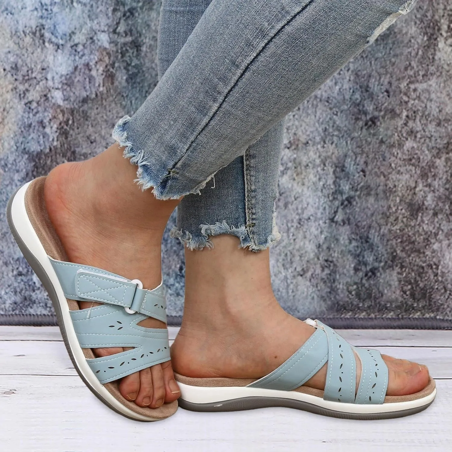 SuanlaTDS Orthopedic Sandals for Women 2025 Summer Dressy Platform Slip-on Slides Crisscross Adjustable Open Toe Arch Support Thick Sole Low Wedges Slippers Beach Comfortable Outdoor Shoes