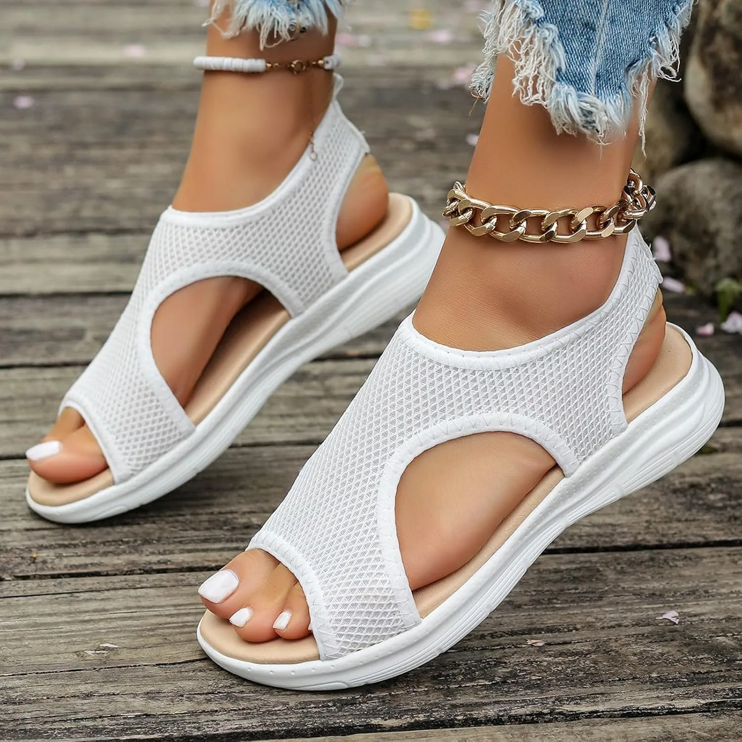SuanlaTDS Orthopedic Wedge Sandals for Women Summer Dressy Casual Platform Thick Sole Open Toe Elastic Slip On Beach Sandal Breathable Mesh Low Heels Wedges Outdoor Walking Shoes