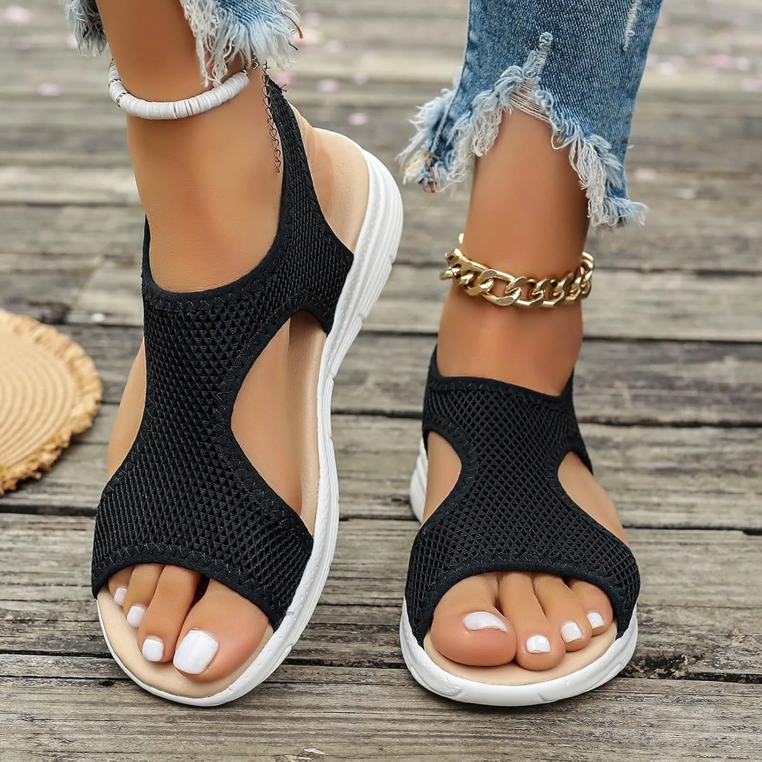 SuanlaTDS Orthopedic Wedge Sandals for Women Summer Dressy Casual Platform Thick Sole Open Toe Elastic Slip On Beach Sandal Breathable Mesh Low Heels Wedges Outdoor Walking Shoes