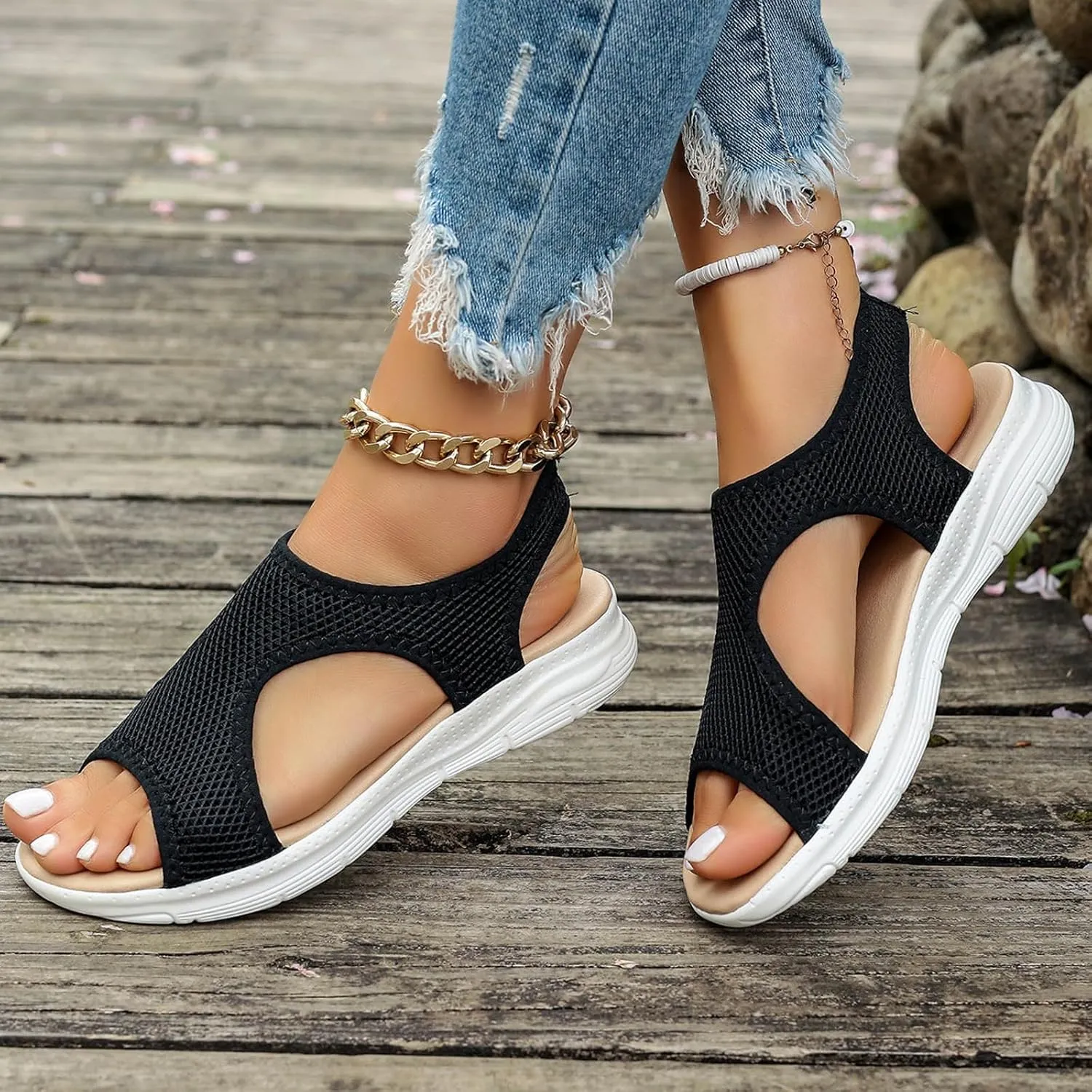 SuanlaTDS Orthopedic Wedge Sandals for Women Summer Dressy Casual Platform Thick Sole Open Toe Elastic Slip On Beach Sandal Breathable Mesh Low Heels Wedges Outdoor Walking Shoes