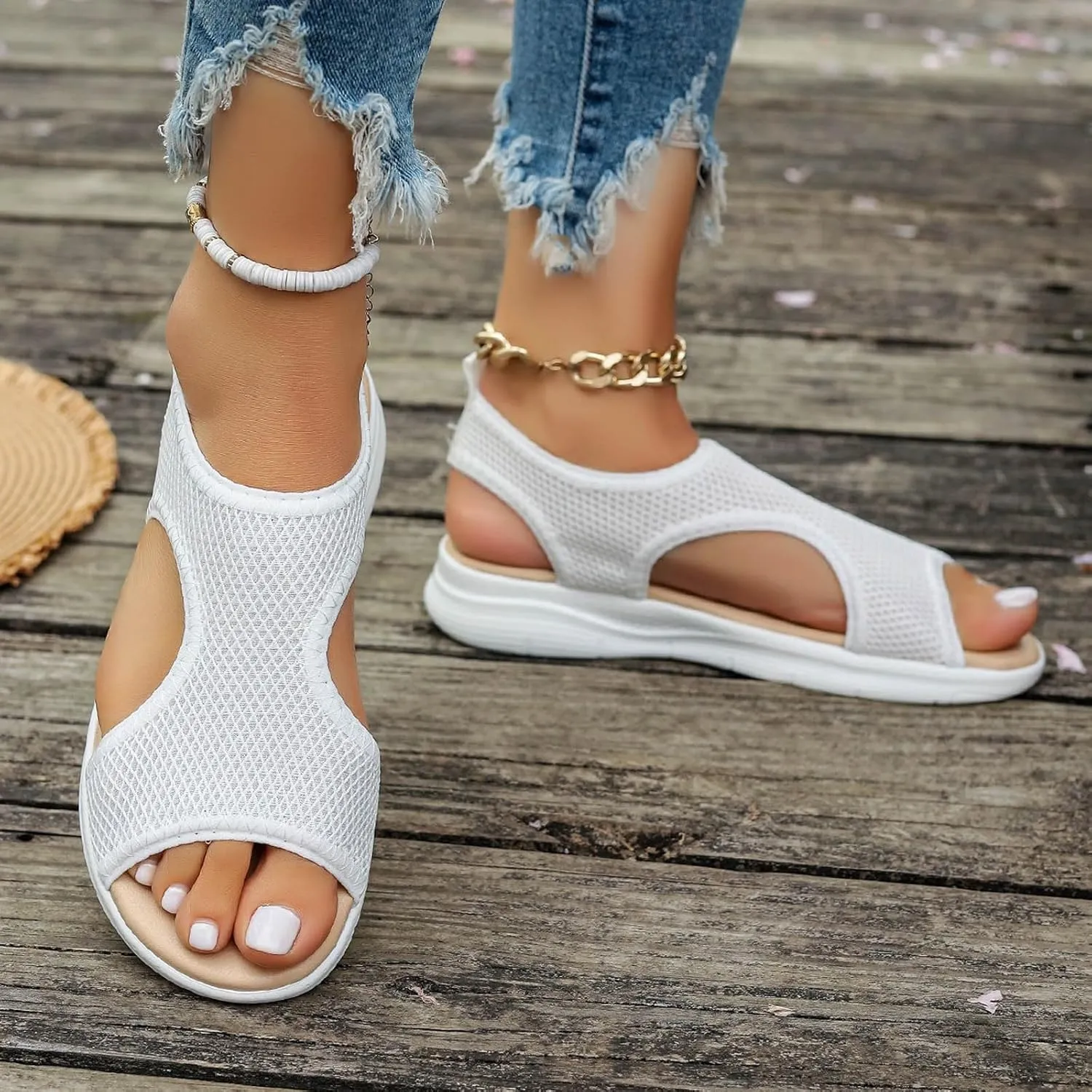 SuanlaTDS Orthopedic Wedge Sandals for Women Summer Dressy Casual Platform Thick Sole Open Toe Elastic Slip On Beach Sandal Breathable Mesh Low Heels Wedges Outdoor Walking Shoes