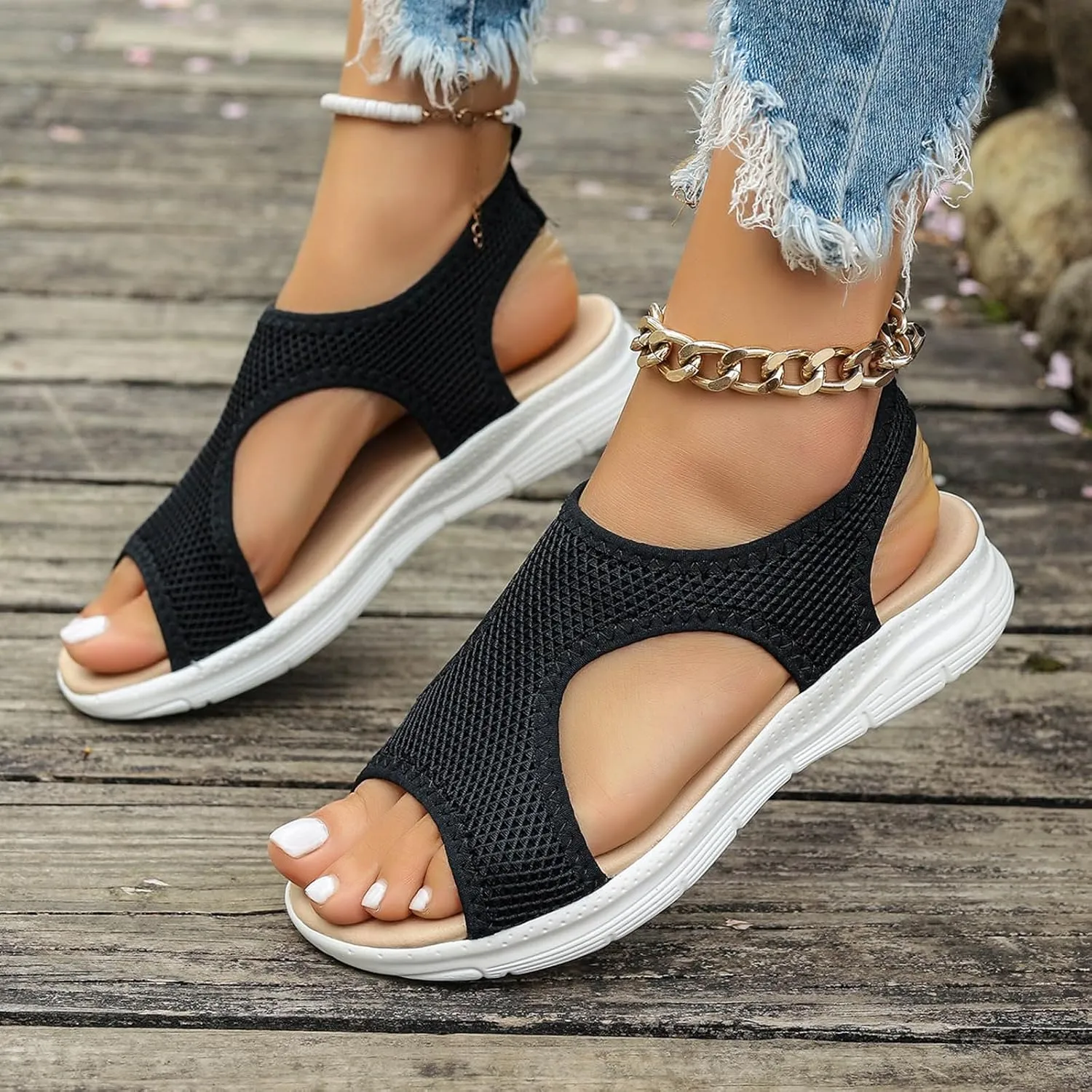 SuanlaTDS Orthopedic Wedge Sandals for Women Summer Dressy Casual Platform Thick Sole Open Toe Elastic Slip On Beach Sandal Breathable Mesh Low Heels Wedges Outdoor Walking Shoes