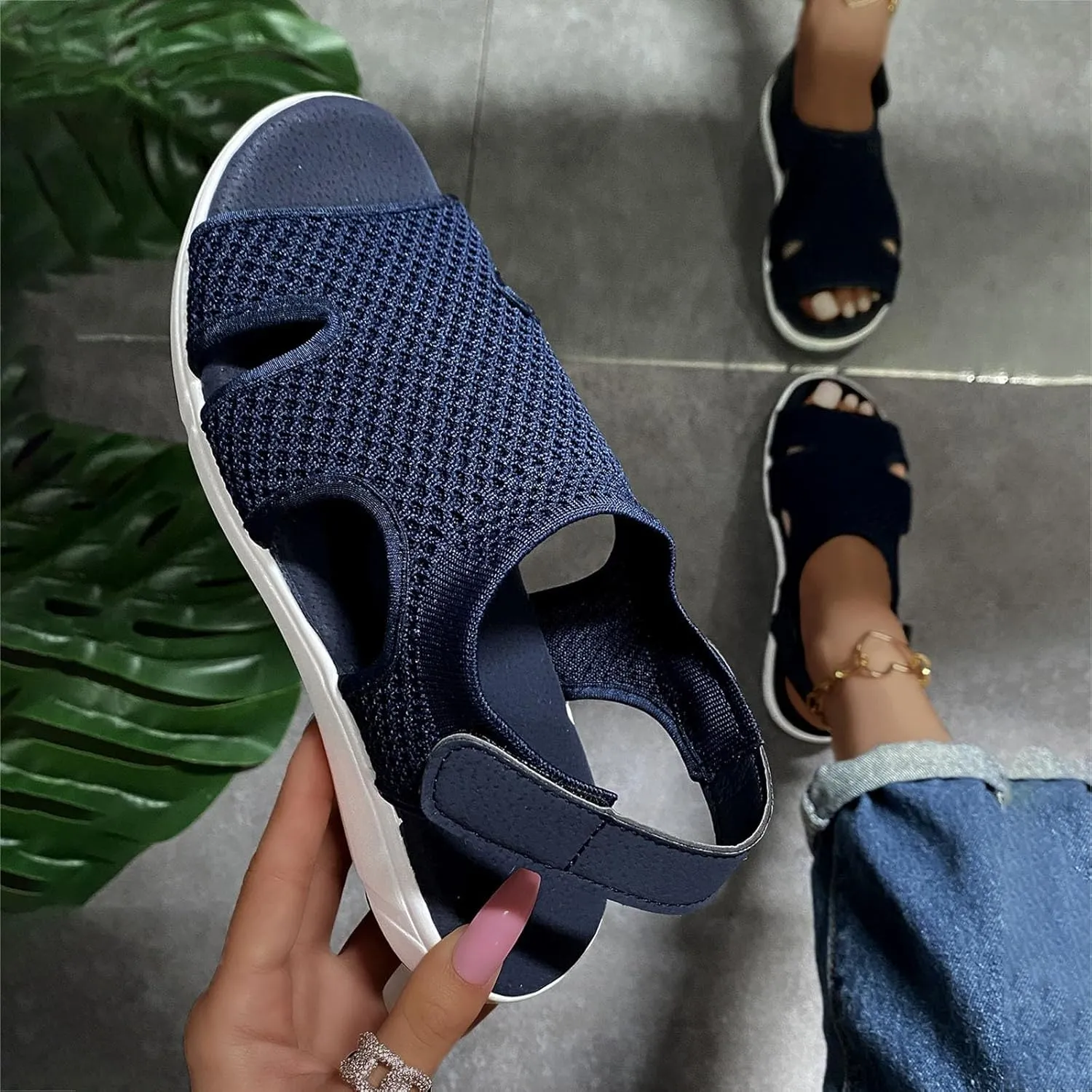 SuanlaTDS Platform Sandals for Women Comfortable Wedge Open Toe Walking Orthopedic Sandals Summer Dressy Mesh Casual Thick Soled Slingback Breathable Low Heels Outdoor Sport Sandals