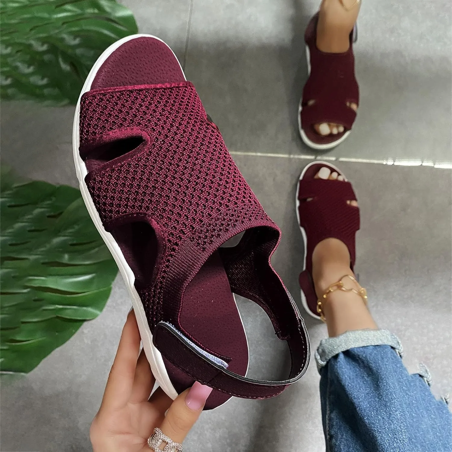 SuanlaTDS Platform Sandals for Women Comfortable Wedge Open Toe Walking Orthopedic Sandals Summer Dressy Mesh Casual Thick Soled Slingback Breathable Low Heels Outdoor Sport Sandals