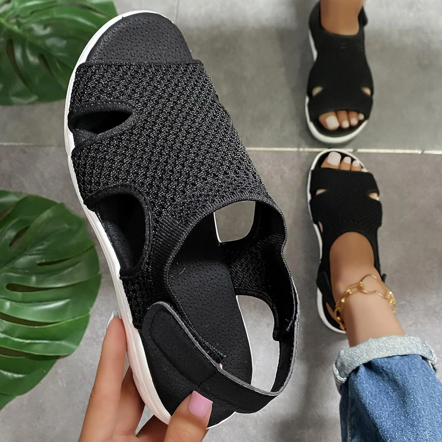 SuanlaTDS Platform Sandals for Women Comfortable Wedge Open Toe Walking Orthopedic Sandals Summer Dressy Mesh Casual Thick Soled Slingback Breathable Low Heels Outdoor Sport Sandals