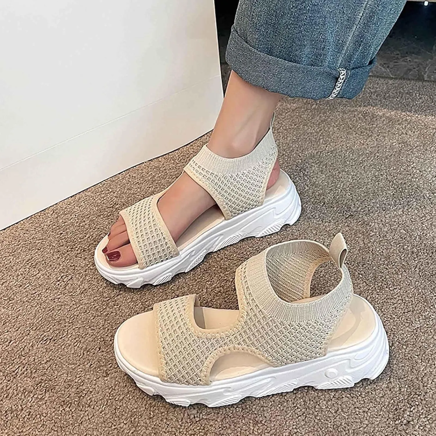 SuanlaTDS Summer Sandals for Women Orthopedic Comfortable Thick Sole Mesh Breathable Dressy Platform Wedge Open Toe Cutout Slingback Slip On Walking Shoes Low Heels Wedges Beach Sandal