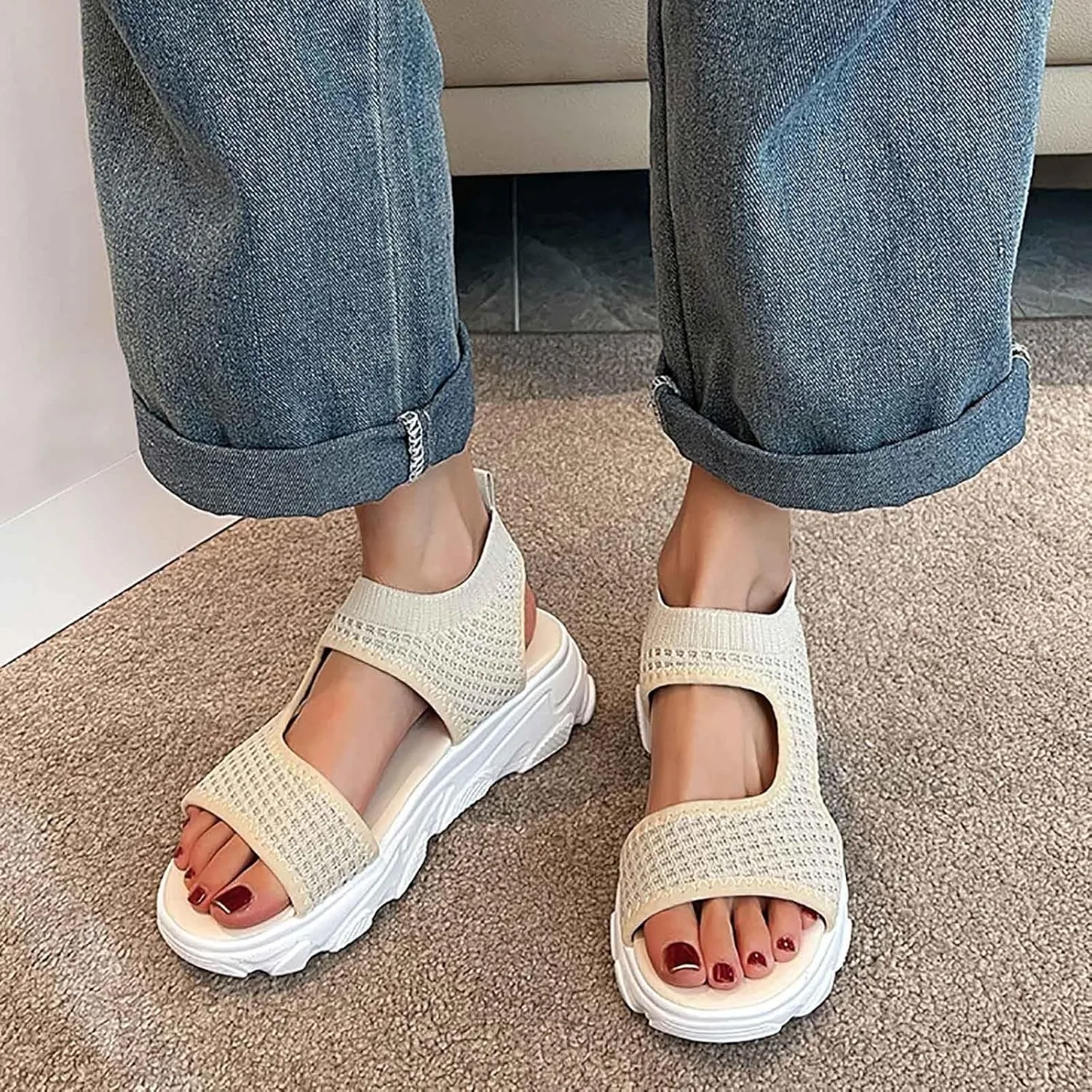 SuanlaTDS Summer Sandals for Women Orthopedic Comfortable Thick Sole Mesh Breathable Dressy Platform Wedge Open Toe Cutout Slingback Slip On Walking Shoes Low Heels Wedges Beach Sandal
