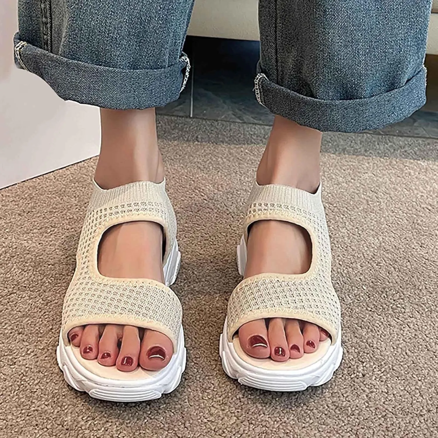 SuanlaTDS Summer Sandals for Women Orthopedic Comfortable Thick Sole Mesh Breathable Dressy Platform Wedge Open Toe Cutout Slingback Slip On Walking Shoes Low Heels Wedges Beach Sandal
