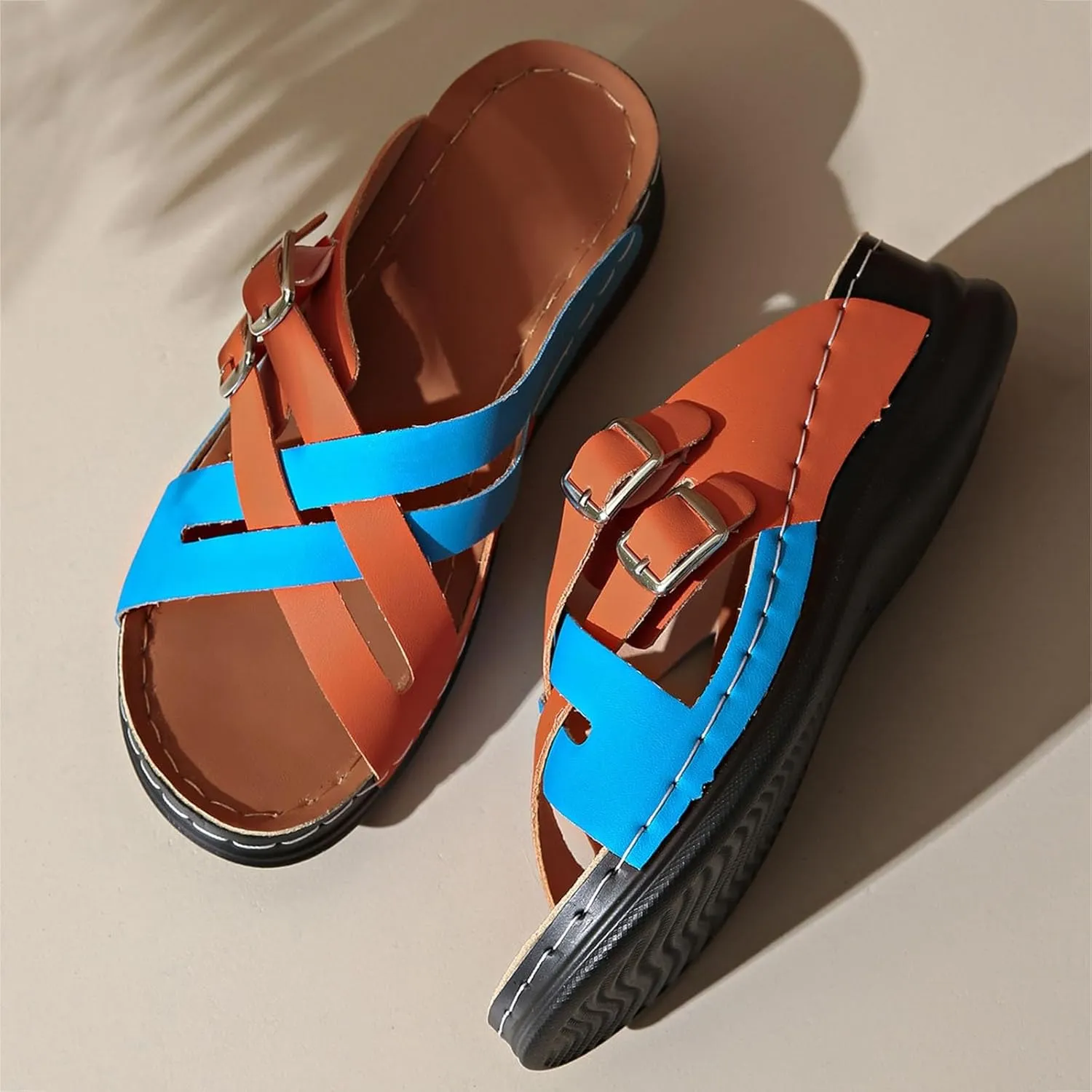 SuanlaTDS Wedges Orthopedic Sandals for Women Dressy, 2025 Comfortable Arch Support Platform Summer Shoes Crisscross Buckle Open Toe Breathable Beach Low Heel Wedge Slip-on Slides Sandal