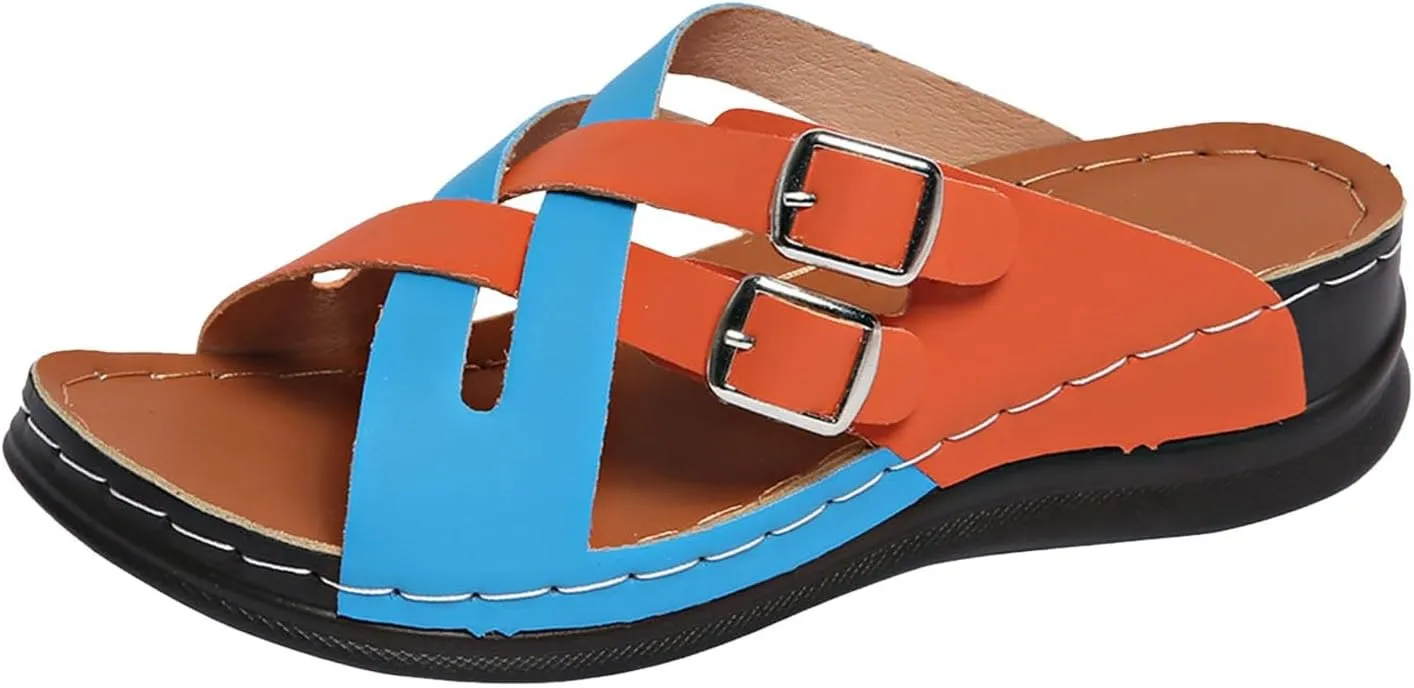 SuanlaTDS Wedges Orthopedic Sandals for Women Dressy, 2025 Comfortable Arch Support Platform Summer Shoes Crisscross Buckle Open Toe Breathable Beach Low Heel Wedge Slip-on Slides Sandal