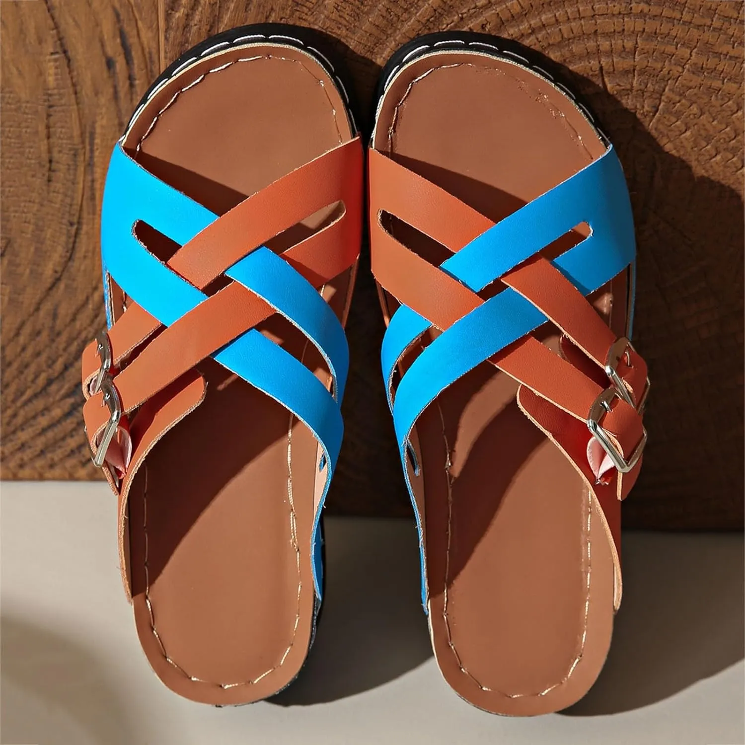 SuanlaTDS Wedges Orthopedic Sandals for Women Dressy, 2025 Comfortable Arch Support Platform Summer Shoes Crisscross Buckle Open Toe Breathable Beach Low Heel Wedge Slip-on Slides Sandal