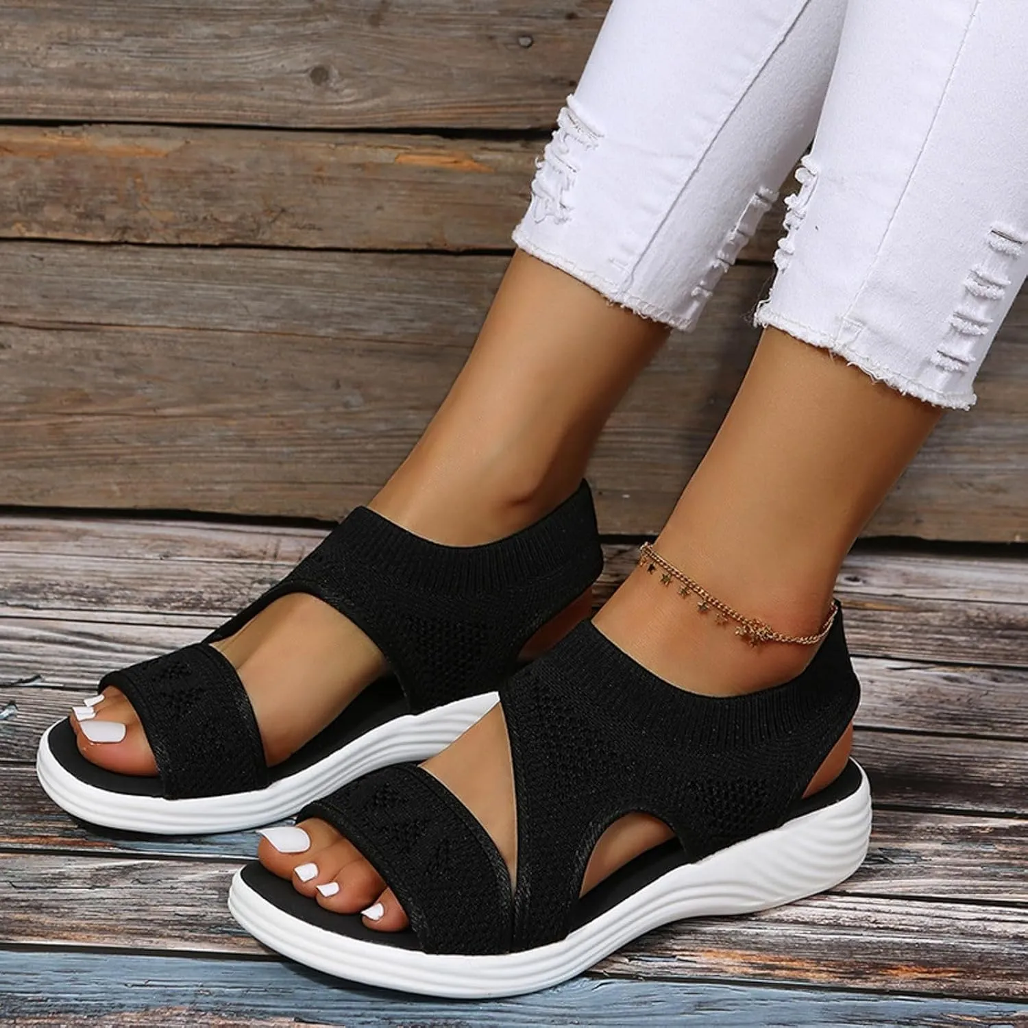 SuanlaTDS Womens Platform Sandals Comfortable Open Toe Thick Soled Flat Walking Orthopedic Sandals with Arch Support Wedge Low Heels Breathable Mesh Outdoor Casual Summer Beach Shoes