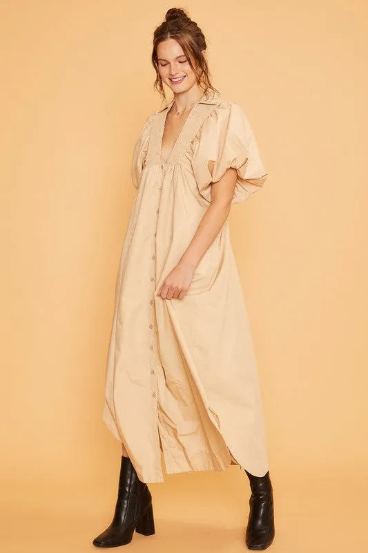 Tan Smocked Puff Sleeve Midi Dress