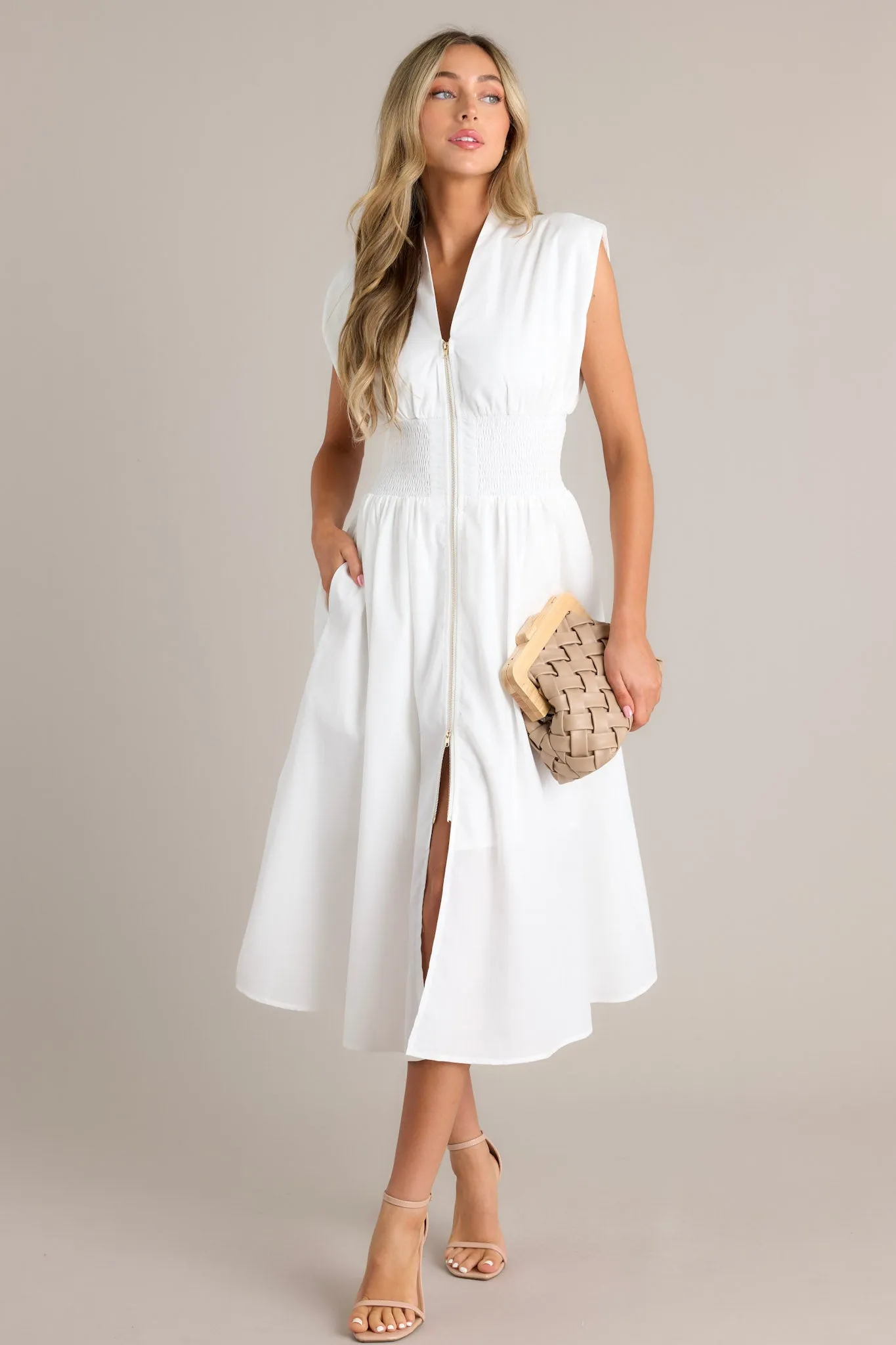 The Evette White Zip Front Midi Dress