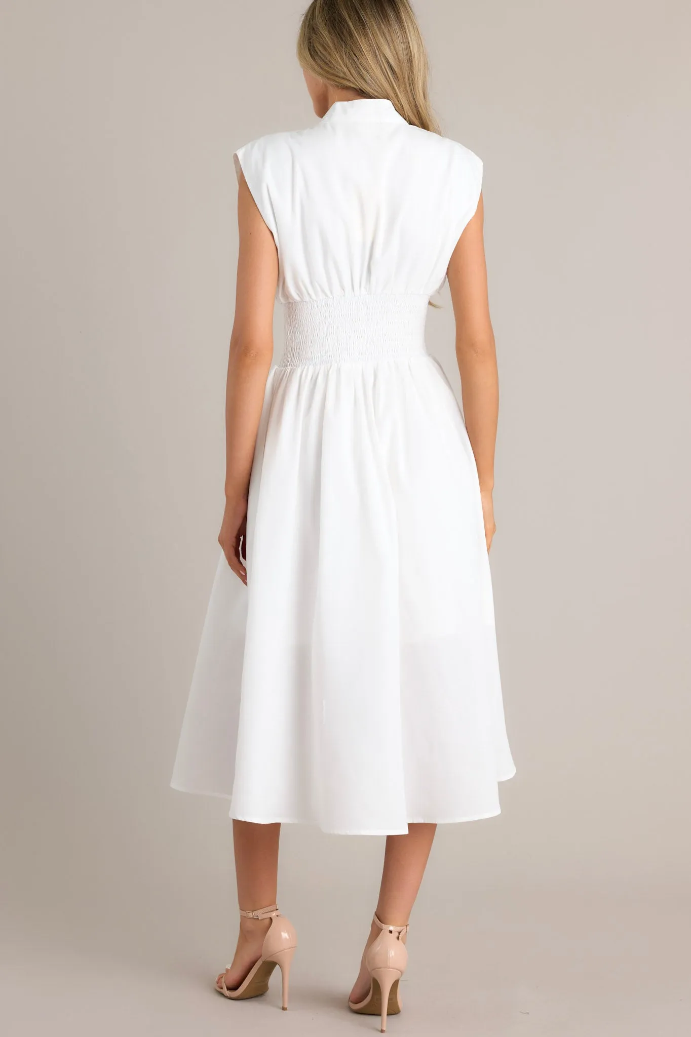 The Evette White Zip Front Midi Dress