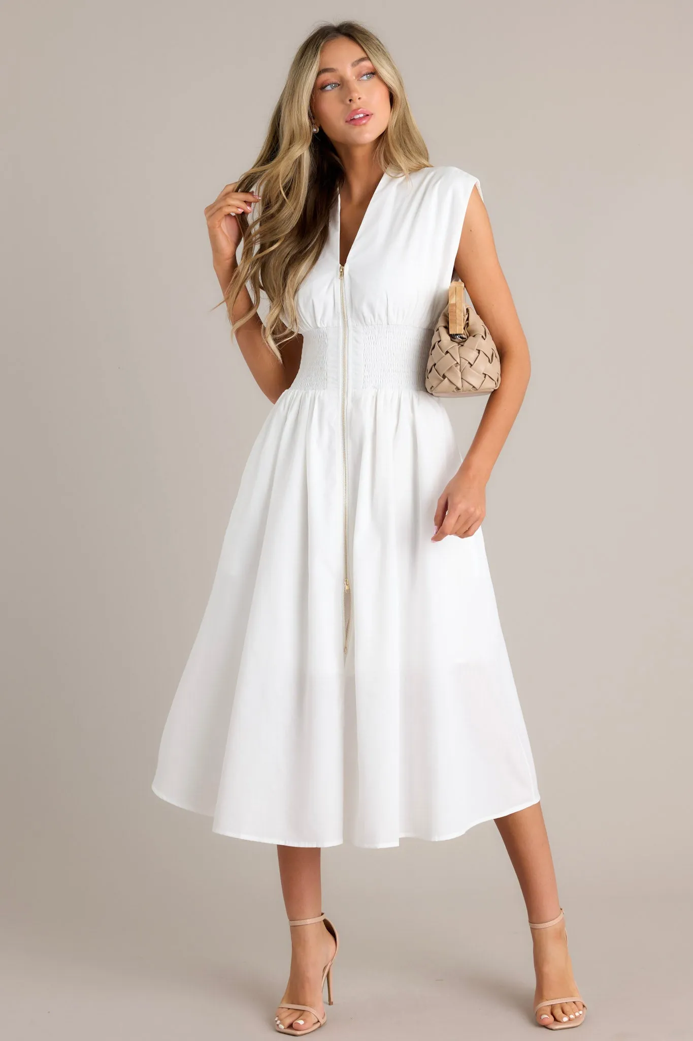 The Evette White Zip Front Midi Dress