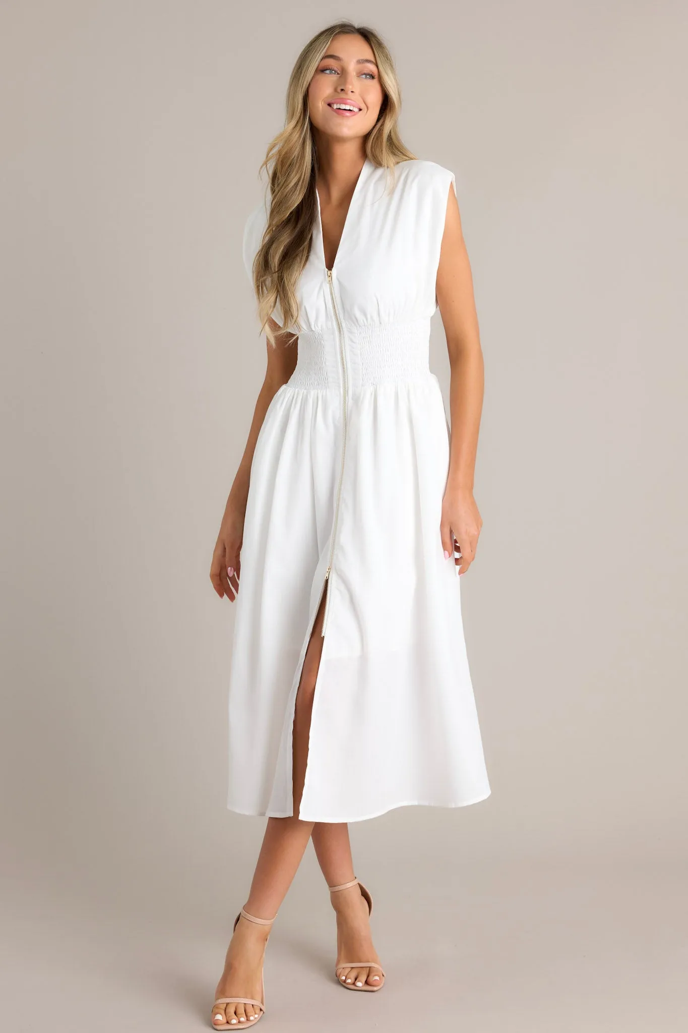 The Evette White Zip Front Midi Dress