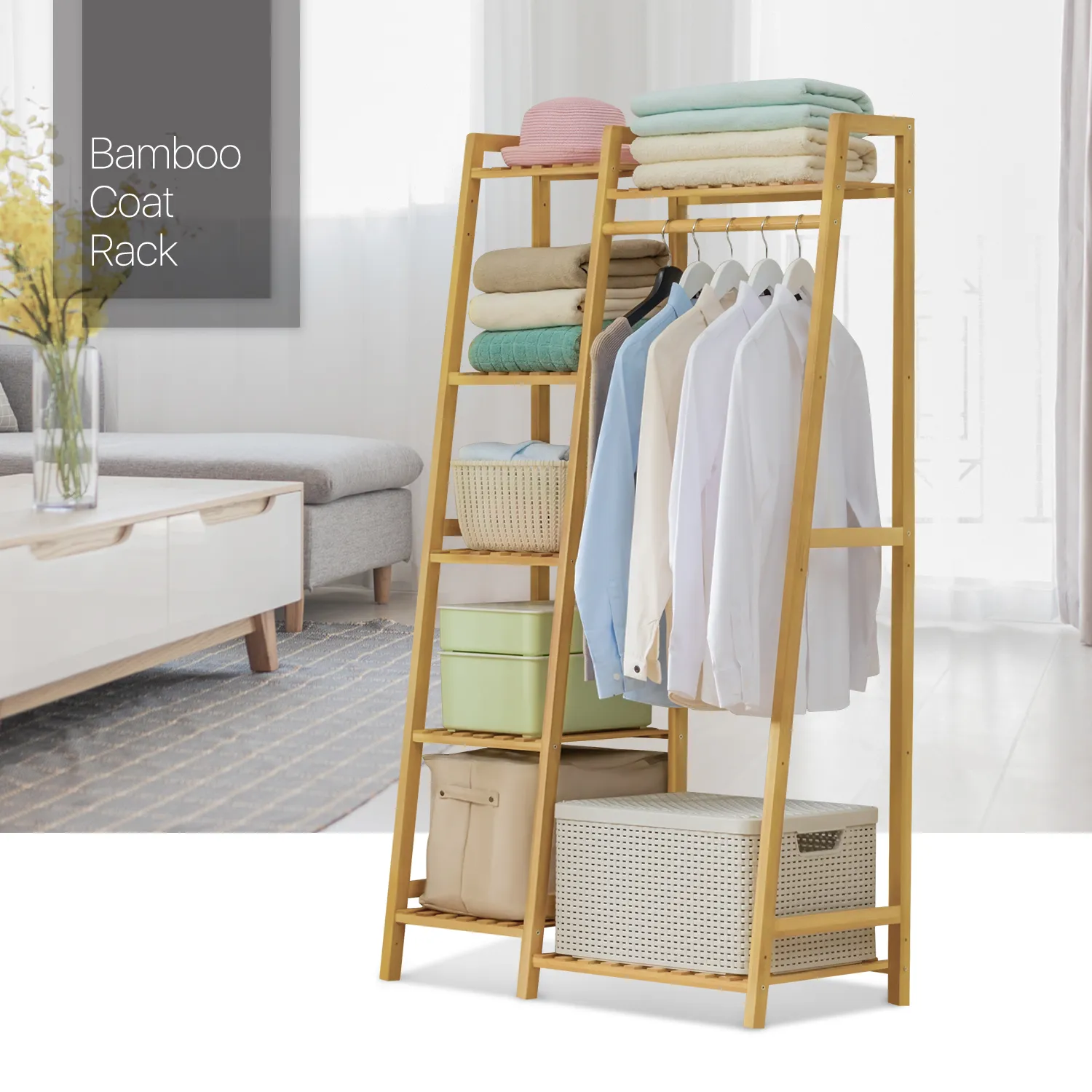 Trapezoid Garment Cabinet Clothes Organizer - Single Rack - Natural
