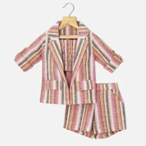 Tropical Printed Cotton Shurg With Innner & Short Co-Ord- Beige & Pink