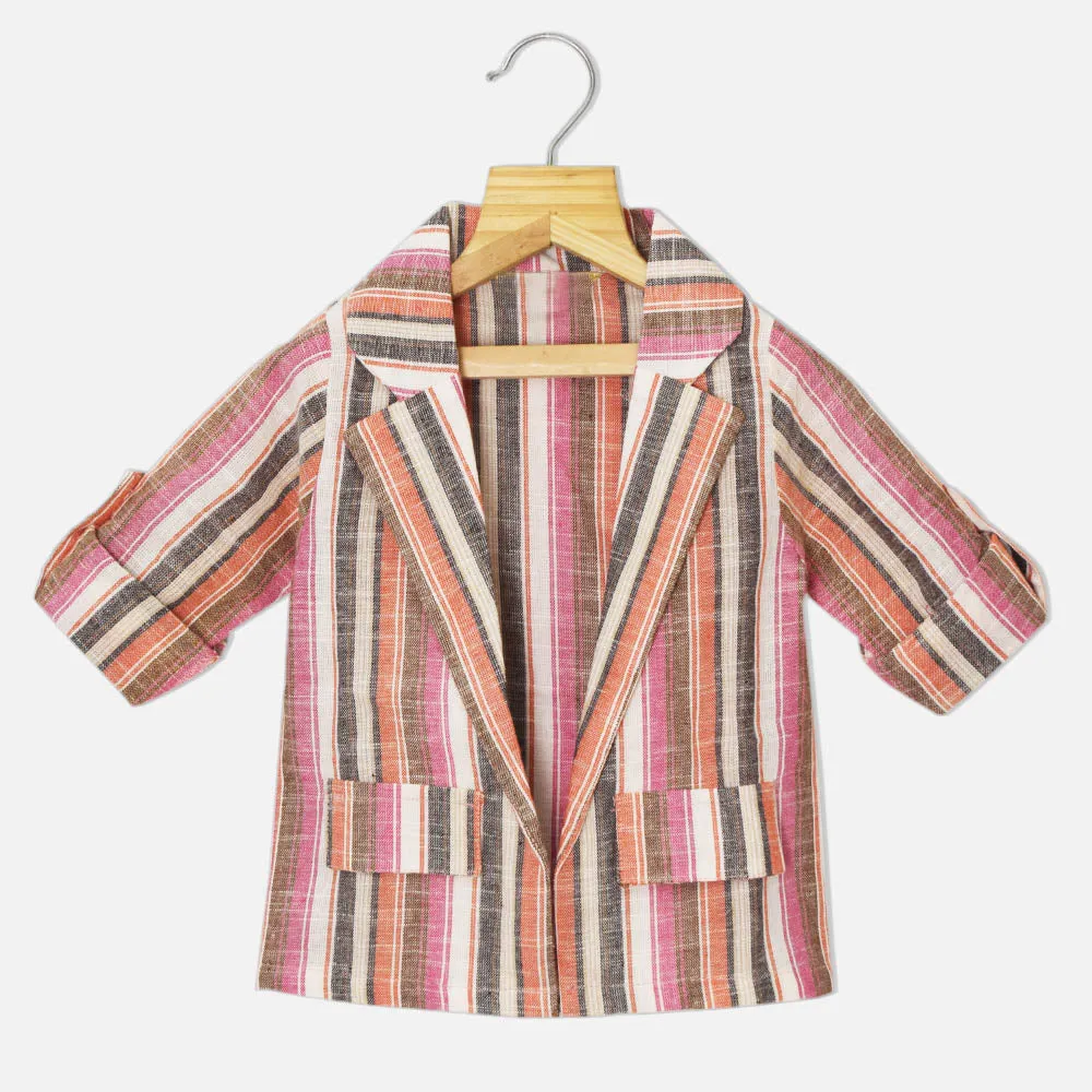 Tropical Printed Cotton Shurg With Innner & Short Co-Ord- Beige & Pink