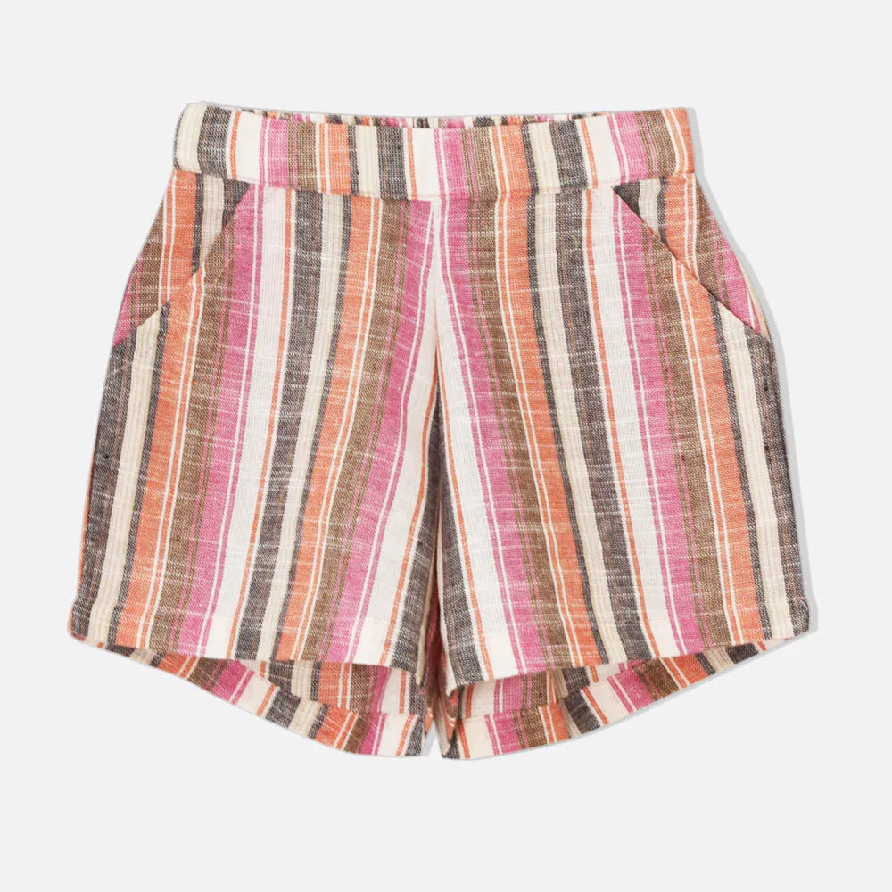 Tropical Printed Cotton Shurg With Innner & Short Co-Ord- Beige & Pink