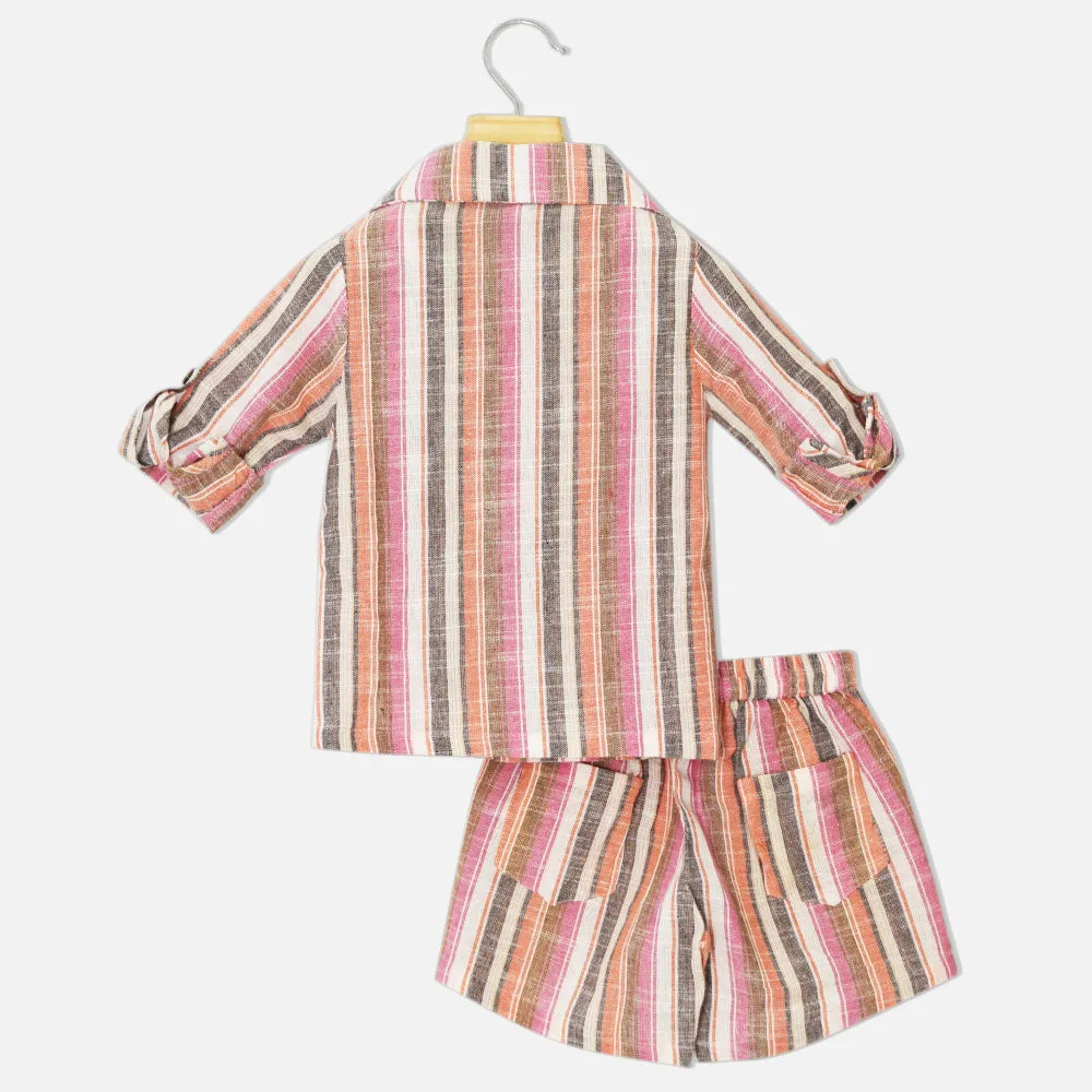 Tropical Printed Cotton Shurg With Innner & Short Co-Ord- Beige & Pink