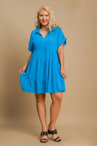 Umgee Full Size Raw Hem Folded Sleeve Tiered Dress Plus Size
