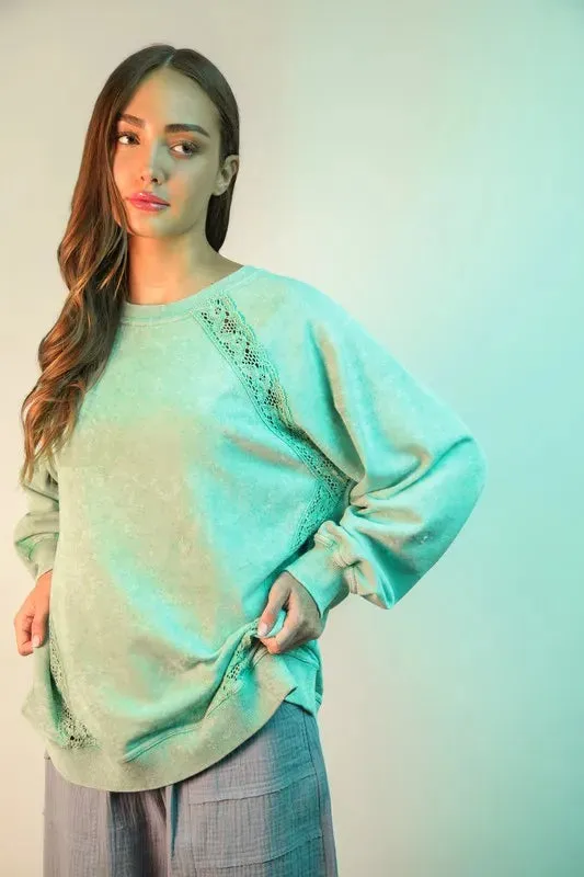 VERY J Plus Size Lace Trim Detail Mineral Washed Knit Top