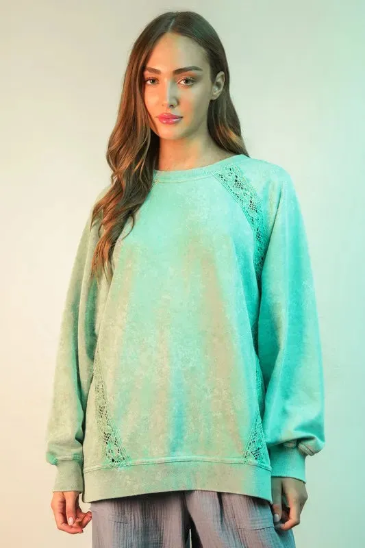 VERY J Plus Size Lace Trim Detail Mineral Washed Knit Top