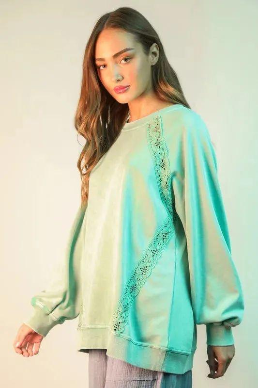 VERY J Plus Size Lace Trim Detail Mineral Washed Knit Top