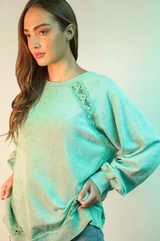 VERY J Plus Size Lace Trim Detail Mineral Washed Knit Top