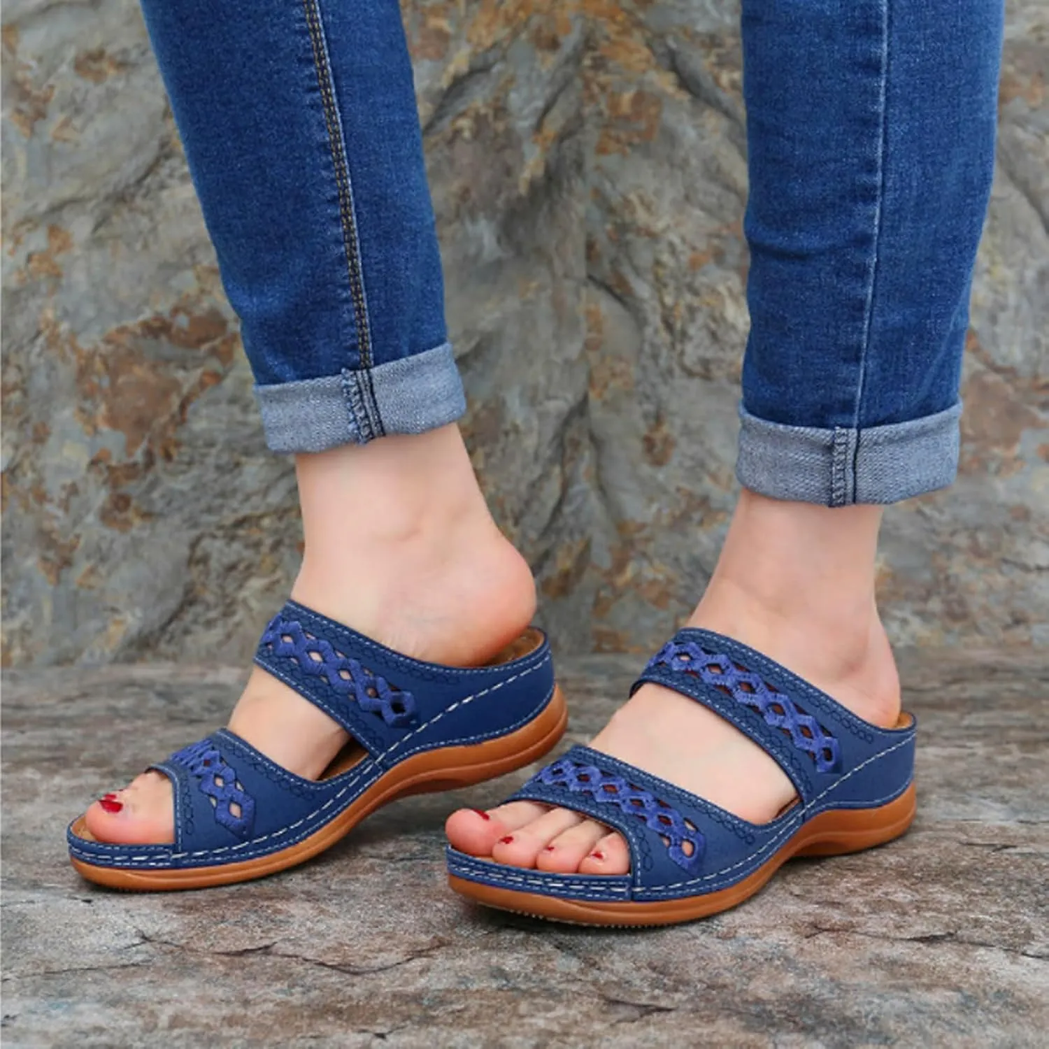 Wedge Sandals for Women Dressy Embroidered Orthopedic Sandals, Womens Summer Casual Slip On Platform Wedges Open Toe Two Band Breathable Walking Slippers