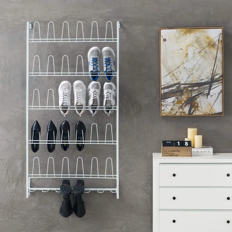 White Metal 18 Pair Wall Mounted Entryway Shoe / Boots Organizer Rack Stand
