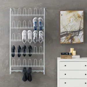 White Metal 18 Pair Wall Mounted Entryway Shoe / Boots Organizer Rack Stand
