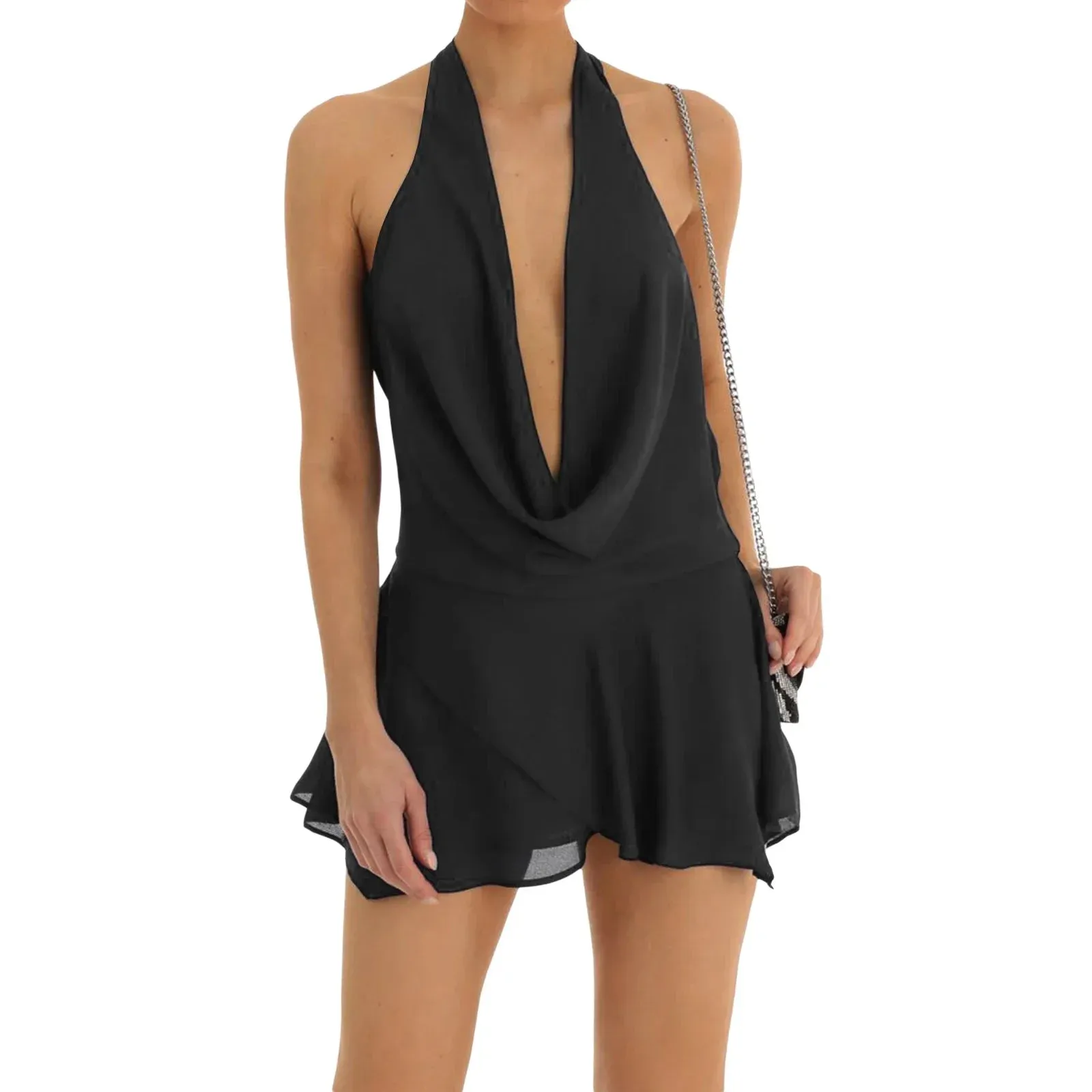 Women s Sheer Halter Mini Dress Sleeveless Backless Chic