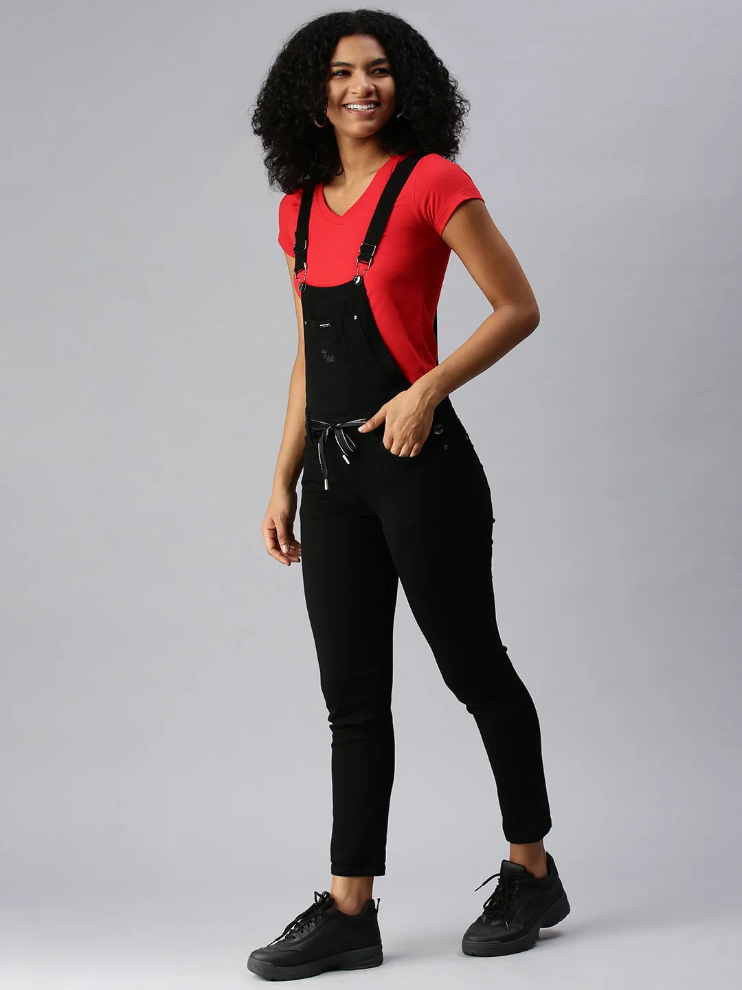 Women's Black Solid Dungarees