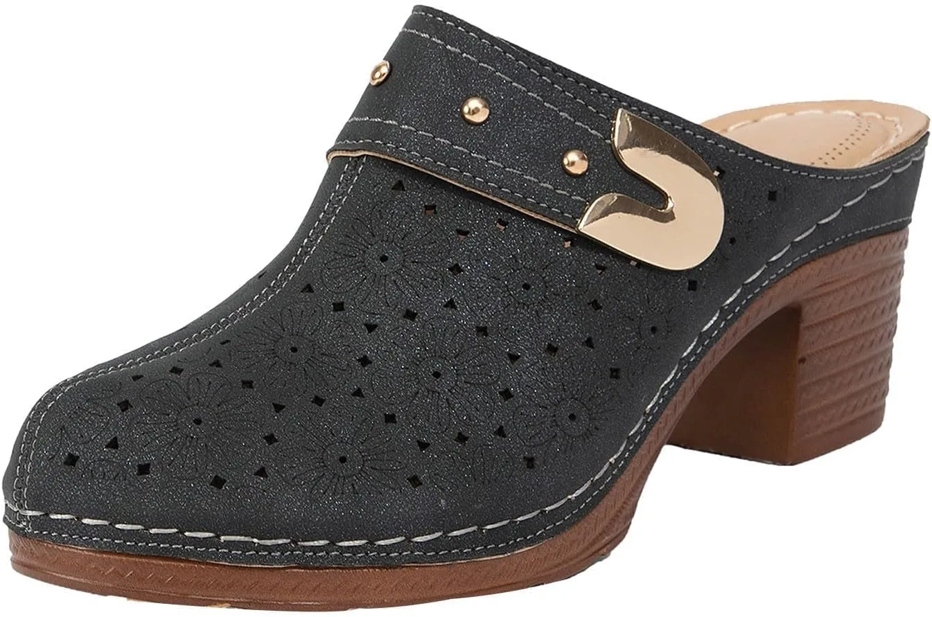 Womens Closed Toe Wedges Sandals Hollow Out Chunky Heels Mules Slip On Slides Summer Casual Breathable Walking Beach Sandals