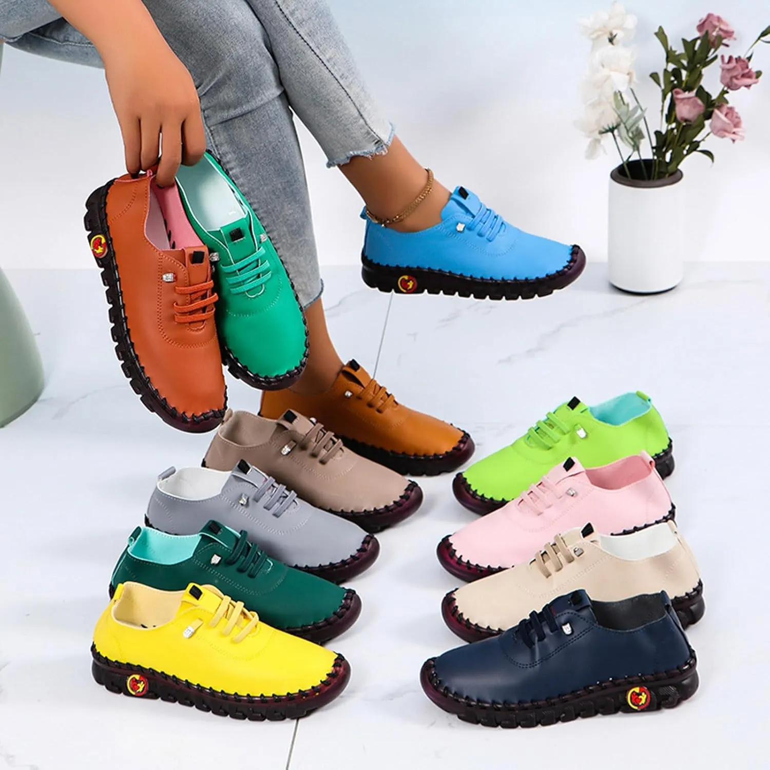 Womens Comfy Breathable Sneakers Flat Bottom Leather Slip-on Loafers Handmade Soft Shoes Sandals